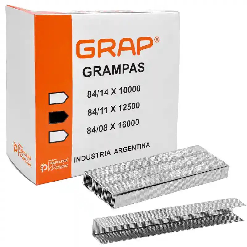 Caja de grampas Grap 84/11 por 12.500 unidades con tiras de grampas para tapicería. Caja de grampas Grap 84/11 por 12.500 unidades con tiras de grampas para tapicería.