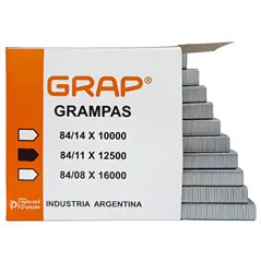 Caja de grampas Grap 84/11 abierta, con las tiras de grampas ordenadas en su interior.