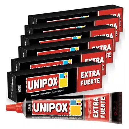 Pack de 6 pomos de pegamento universal Unipox Extra Fuerte de 100 ml con sus estuches