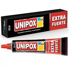 Pomo de Unipox Extra Fuerte 100 ml, pegamento universal transparente, junto a su estuche
