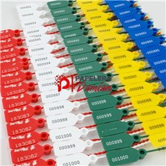Planchas de precintos numerados en blanco, rojo, verde, amarillo y azul