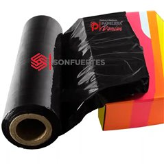 Film stretch negro con mango cubriendo resmas de colores, demostrando opacidad total desde la primera vuelta