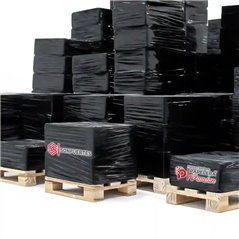 Stock de cargas paletizadas y envueltas con film stretch negro con mango para venta por mayor