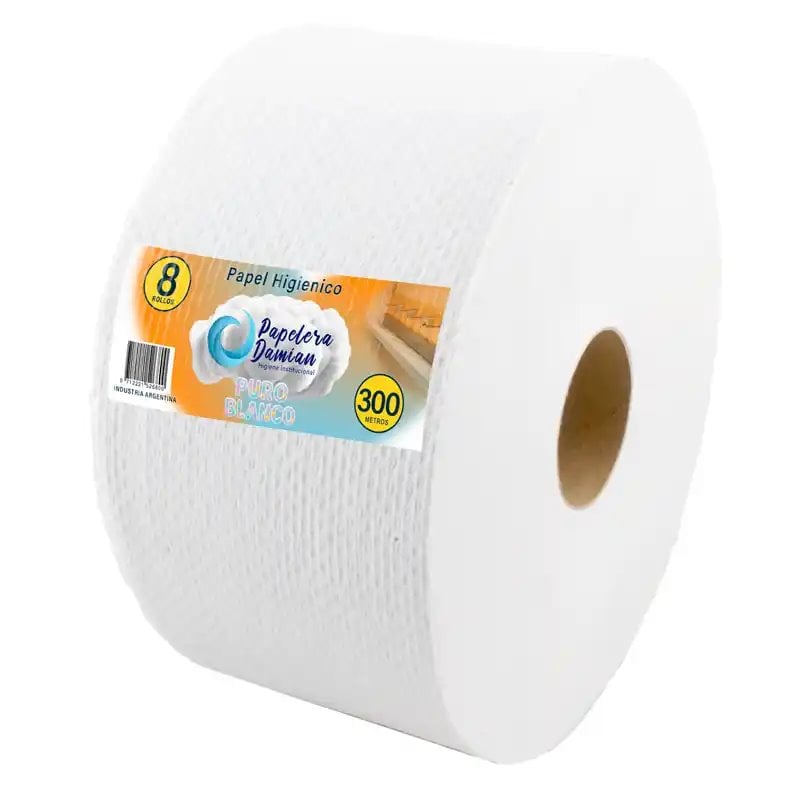 Papel higienico 300 metros Jumbo cono angosto Blanco puro x8