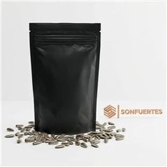 Bolsa doypack negra 12x18 opaca con cierre hermético zipper, parada sobre su fuelle de base