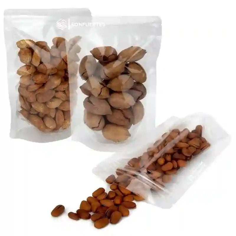 Bolsas doypack transparentes 12x18 cm con cierre hermético, con frutos secos a la vista