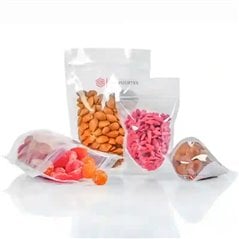 Bolsas doypack transparentes 12x18 cm paradas y acostadas, con almendras y golosinas de colores