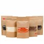 Cinco bolsas doypack kraft 12x18 cm paradas sobre su fuelle, con distintos productos a la vista Cinco bolsas doypack kraft 12x18 cm paradas sobre su fuelle, con distintos productos a la vista