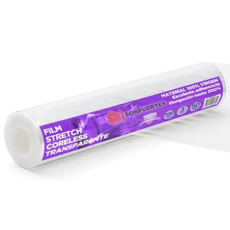 Film Stretch para embalaje 50cm virgen coreless sin cono transparente Sonfuertes, material 100% virgen con excelente adherencia.