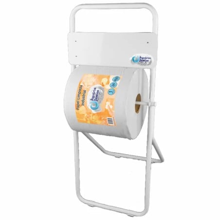 Dispenser de papel de pie porta bobina industrial, estructura metálica blanca.
