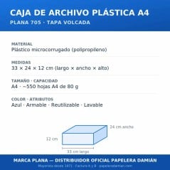 Caja de Archivo Plástica A4 PLANA 705 Tapa Volcada Azul