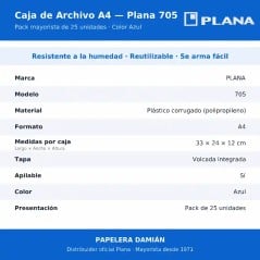 Infografía de la caja de archivo A4 Plana 705: 33 × 24 × 12 cm, plástico microcorrugado, tapa volcada, pack x25 — Papelera Damiá
