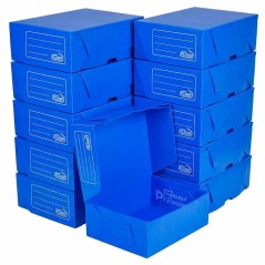 Caja de archivo A4 Plana 705 azul con documentación A4 archivada mostrando su capacidad — Papelera Damián.