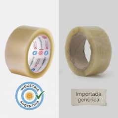 Cinta de embalaje SonFuertes Espiral 48x100 de industria argentina junto a una cinta importada genérica.