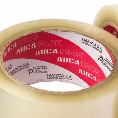 Etiqueta de la cinta AUCA: FAMYCA S.A. Industria Argentina, distribuidor autorizado Papelera Damián