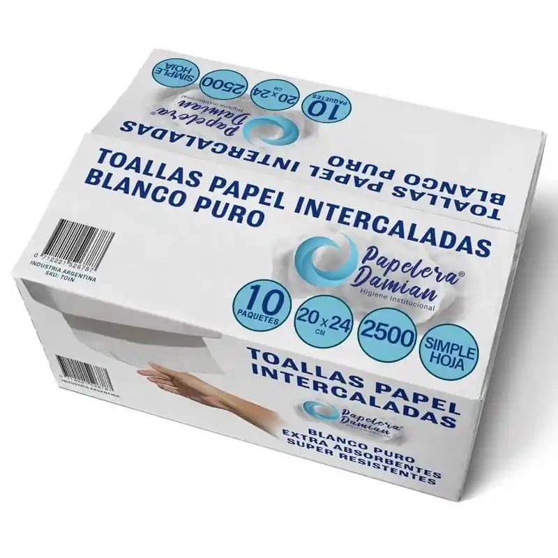 Toallas intercaladas Papelera Damián® caja x2500, hoja 20×24 cm. Toallas intercaladas Papelera Damián® caja x2500, hoja 20×24 cm.