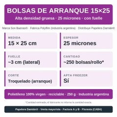 Bolsas de arranque 15x25 en rollo: alta densidad gruesa (25 micrones)