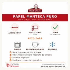 Especificaciones del papel manteca Abuela Marina ½ kg: 38 cm, puro, apto horno y freidora