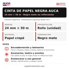 Especificaciones cinta de papel negra AUCA 24mm x 50m, usos y medidas