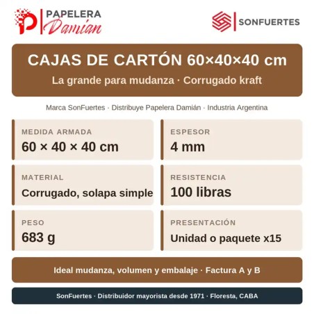 Caja de mudanza 60x40x40 cartón corrugado - SonFuertes®