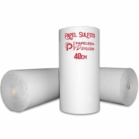 Bobina de papel sulfito blanco de 40 cm x 300 m, marca Papelera Damián