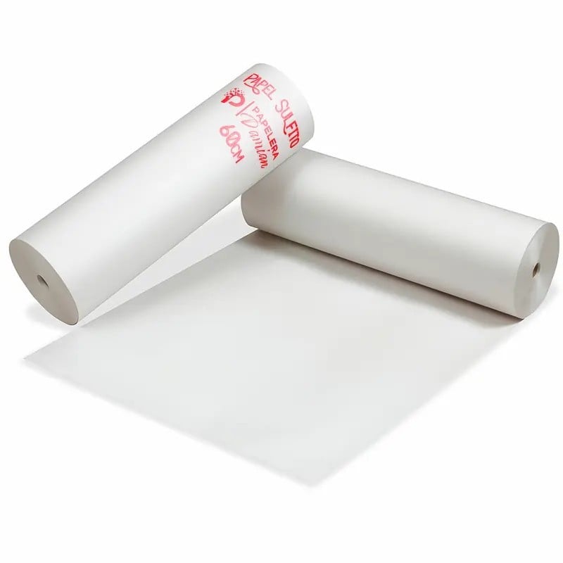 Dos bobinas de papel sulfito blanco de 60 cm con la marca Papelera Damián