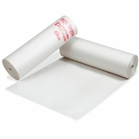 Dos bobinas de papel sulfito blanco de 60 cm con la marca Papelera Damián