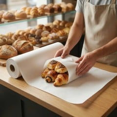 Persona envolviendo facturas con papel sulfito blanco de 60 cm en una confitería