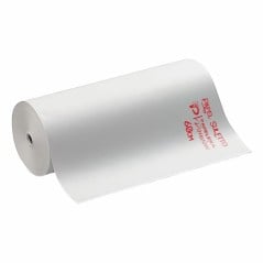Bobina de papel sulfito blanco de 60 cm x 300 m con marca Papelera Damián, hoja desplegada