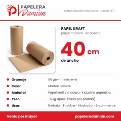 Infografía de la bobina de papel kraft 40 cm: gramaje 80 g/m², color marrón, usos y venta por mayor - Papelera Damián