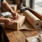 Persona envolviendo un paquete con papel kraft de 40 cm en un mostrador de packing - Papelera Damián