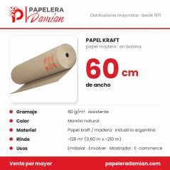 Infografía de la bobina de papel kraft 60 cm: gramaje 80 g/m², rinde 126 m², venta por mayor - Papelera Damián