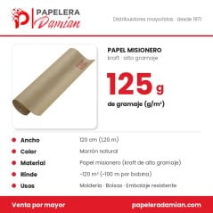 Infografía del papel misionero kraft 125 g en bobina de 120 cm: rinde ~120 m², usos y venta por mayor - Papelera Damián