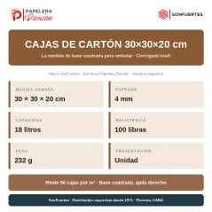 Ficha técnica de la caja de cartón 30x30x20: 18 litros, 4 mm, 100 lb, 56 cajas por m³