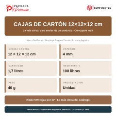 Ficha técnica de la caja de cartón 12x12x12: 1,7 litros, 4 mm, 100 lb, 579 cajas por m³