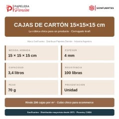 Ficha técnica de la caja de cartón 15x15x15: 3,4 litros, 4 mm, 100 lb, 296 cajas por m³