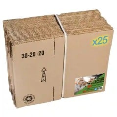 Cajas de cartón 30x20x20 plegadas planas en bulto de 25, listas para armar