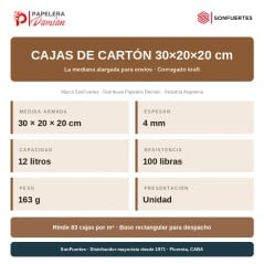 Ficha técnica de la caja de cartón 30x20x20: 12 litros, 4 mm, 100 lb, 83 cajas por m³