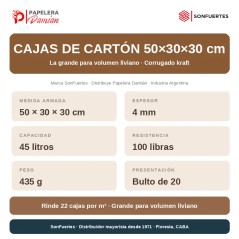 Ficha técnica caja de cartón 50x30x30: 45 litros, 4 mm, 100 libras, 22 cajas por m³, bulto de 20