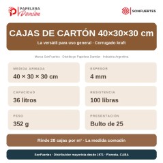 Ficha técnica caja de cartón 40x30x30: 36 litros, 4 mm, 100 libras, 28 cajas por m³, bulto de 25