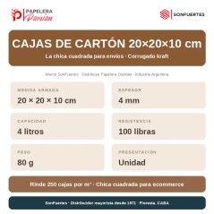 Ficha técnica caja de cartón 20x20x10: 4 litros, 4 mm, 100 libras, 250 cajas por m³