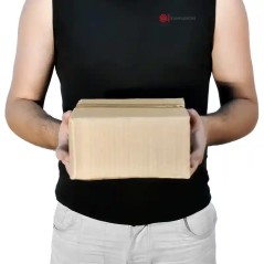 Caja de cartón 20x20x10 chica sostenida a mano, escala real — SonFuertes
