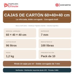 Ficha técnica caja 60x40x40 reforzada: 96 litros, doble corrugado 7 mm, 100 libras, pack de 10