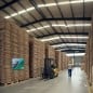 Cajas de cartón 60x40x40 reforzadas estibadas sobre pallets en depósito mayorista — SonFuertes
