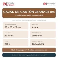 Ficha técnica caja de cartón 35x25x25: 22 litros, 4 mm, 100 libras, 46 cajas por m³, bulto de 25