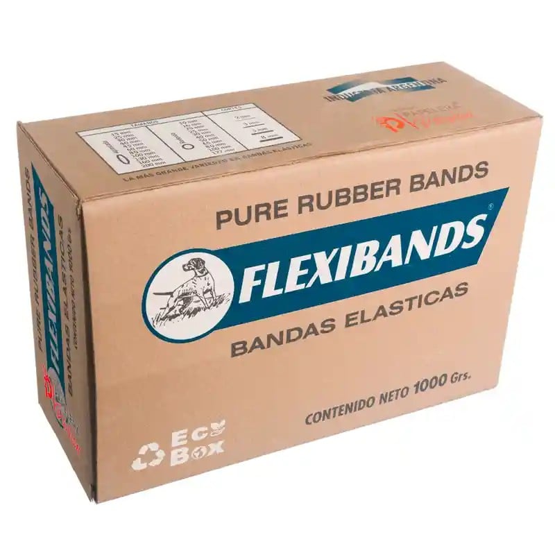 Caja de 1 kg de banditas elásticas Flexibands N°40 en caucho natural, presentación mayorista Caja de 1 kg de banditas elásticas Flexibands N°40 en caucho natural, presentación mayorista