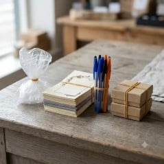 Banditas elásticas Superbands N°40 de caucho natural en uso: atado de productos y bolsas en el mostrador de un comercio