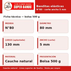 Ficha técnica Super Bands N°80 corte ancho 5 mm: diámetro 80 mm (130 mm aplastada), caucho natural, bolsa 500 g