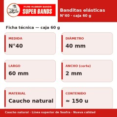 Ficha técnica Super Bands N°40 caja 60 g: diámetro 40 mm, largo 60 mm, 2 mm, caucho natural, ≈150 unidades