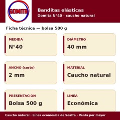 Ficha técnica Gomita N°40 bolsa 500 g: diámetro 40 mm, 2 mm, caucho natural, línea económica